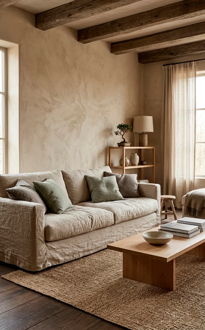 Rustic Japandi living room with Drop Cloth walls and linen sofa.