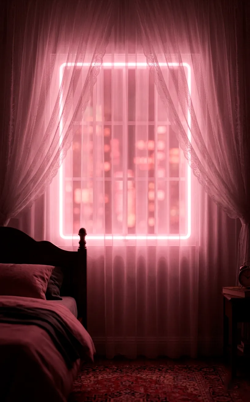 Large pink neon light behind sheer curtains creating a fake window effect.