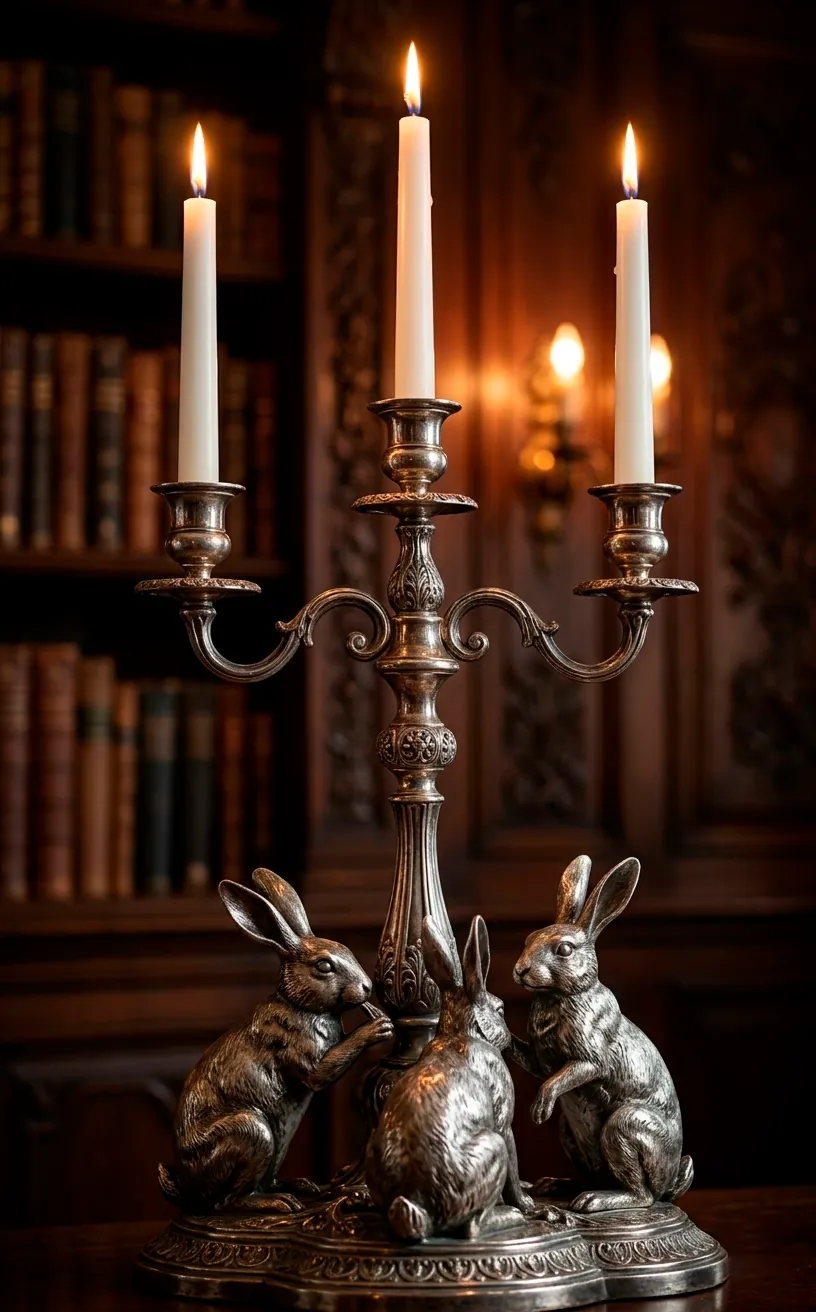 Silver bunny candelabra with lit taper candles on a side table.