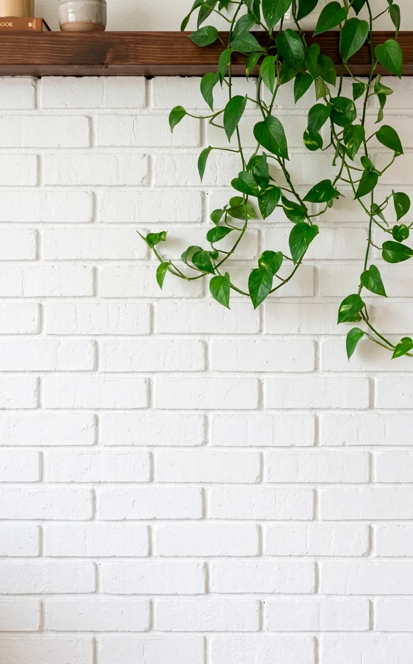 Detail of white-painted brick texture on a boho fireplace.