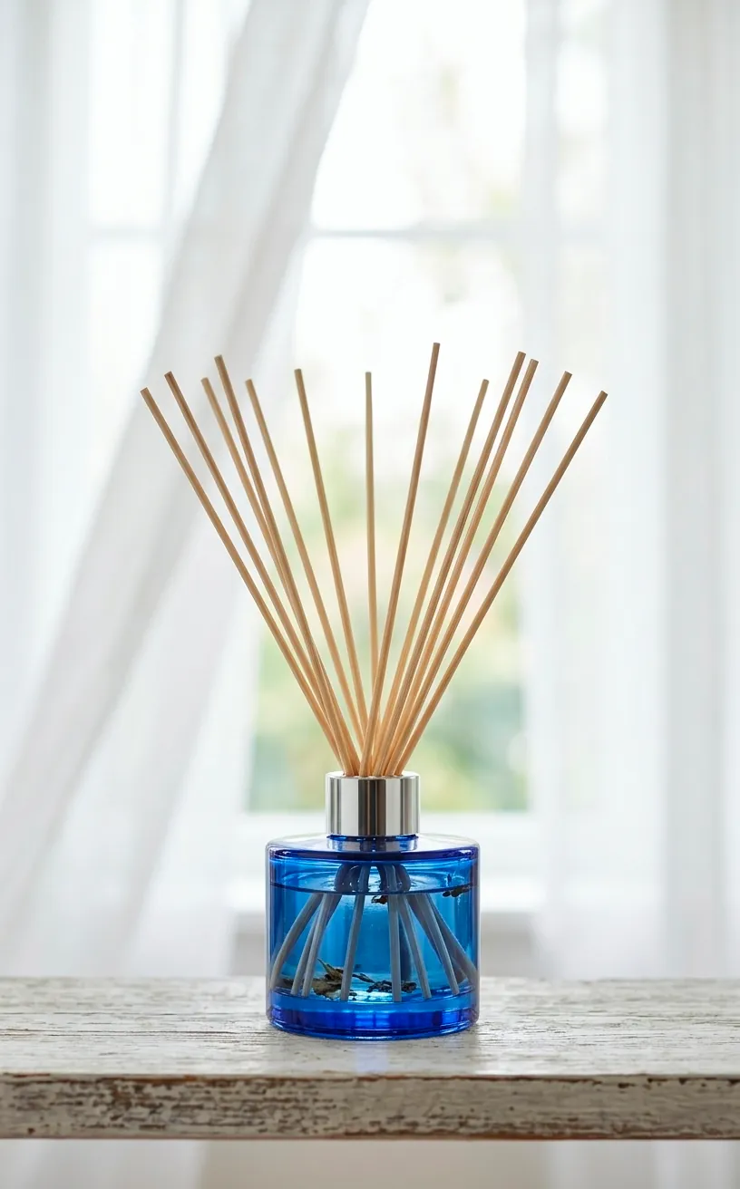 Close up of a blue glass reed diffuser with wooden sticks.