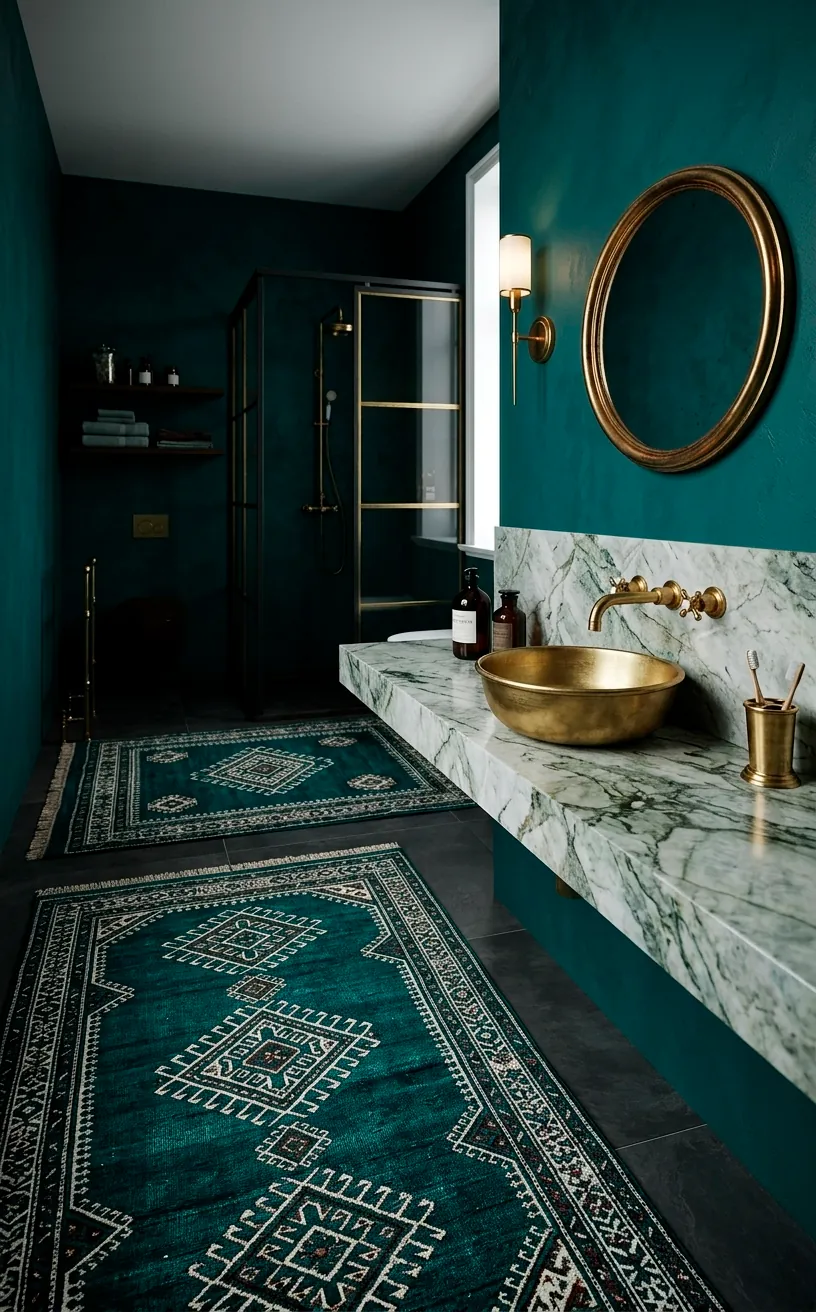 Dark teal kilim rug with intricate white patterns in a moody bathroom with gold fixtures.