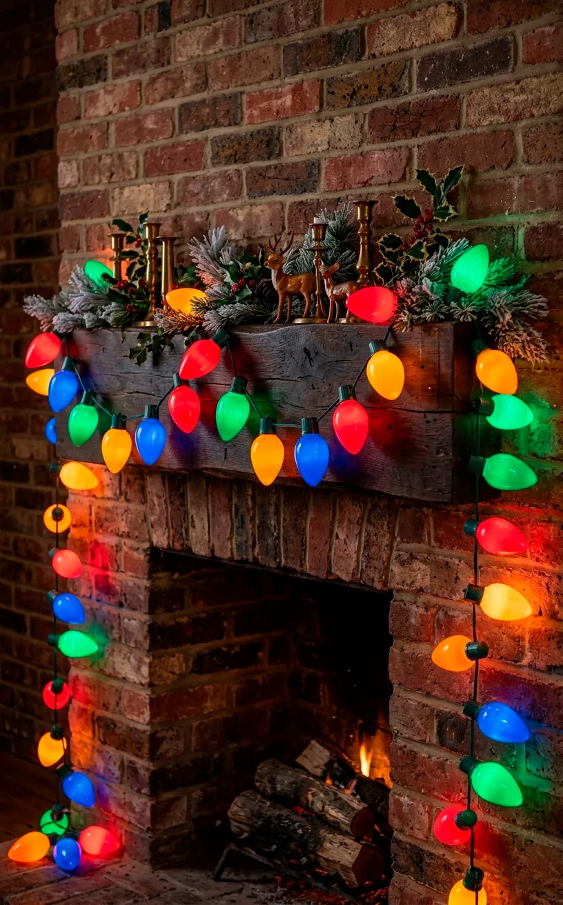 Large vintage-style C7 Christmas lights glowing on a fireplace mantel.