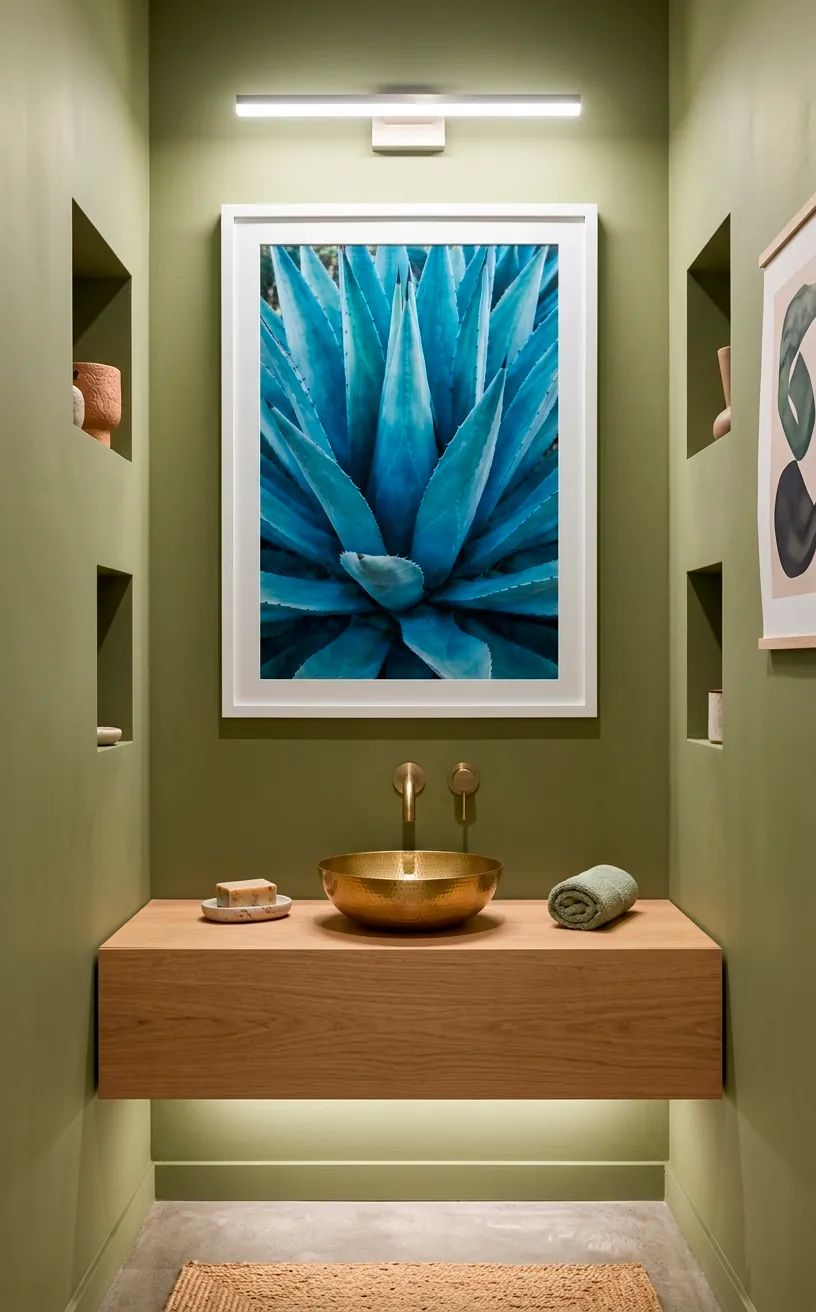 Blue agave photography print in a minimalist green powder room.