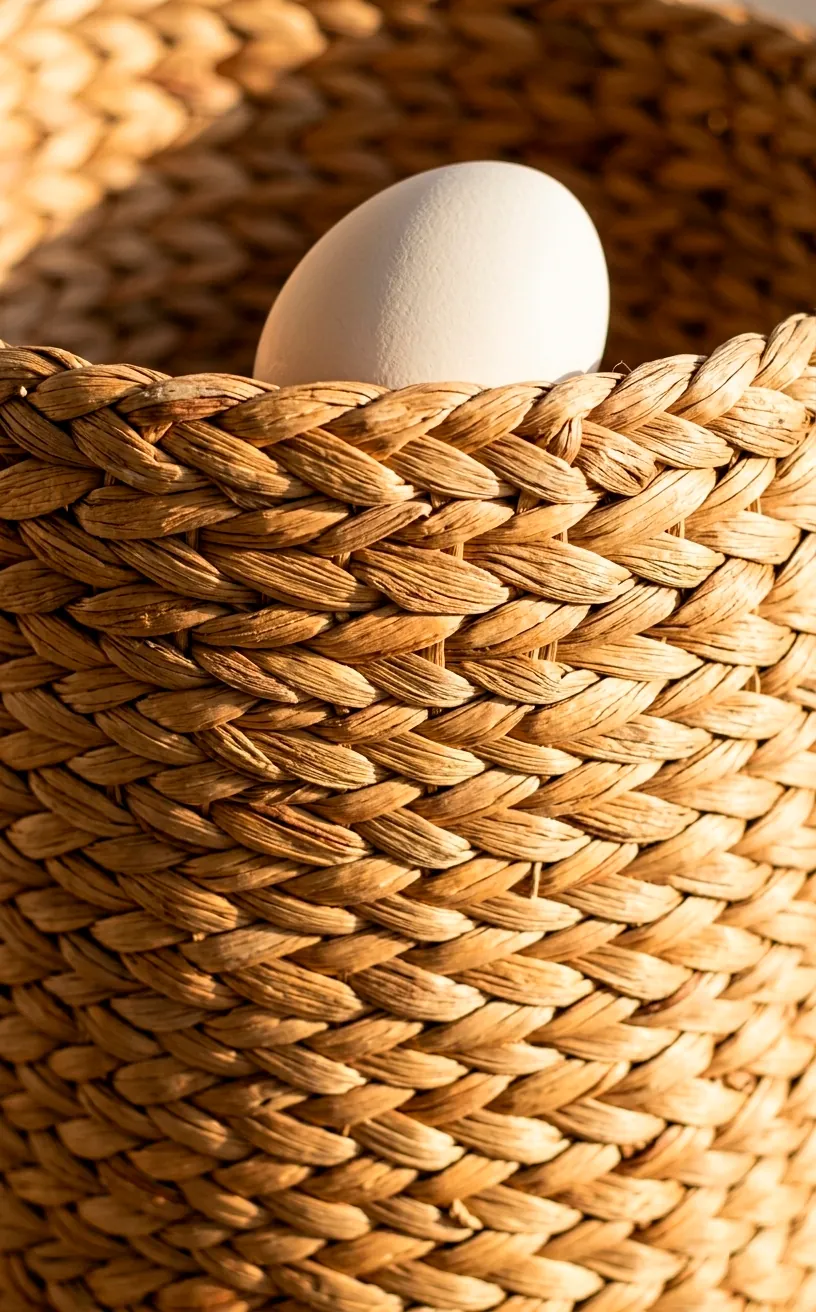 Close-up of a woven seagrass basket texture with a ceramic Easter egg inside.