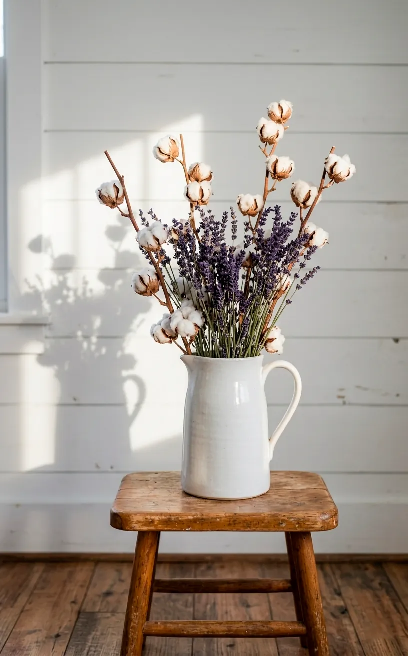 Dried cotton and lavender in a white ceramic pitcher.