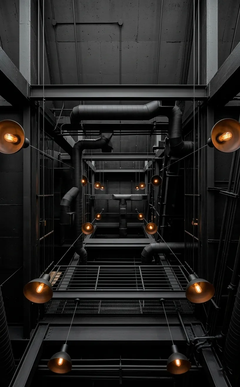 Exposed ceiling ductwork painted in a uniform matte black finish.