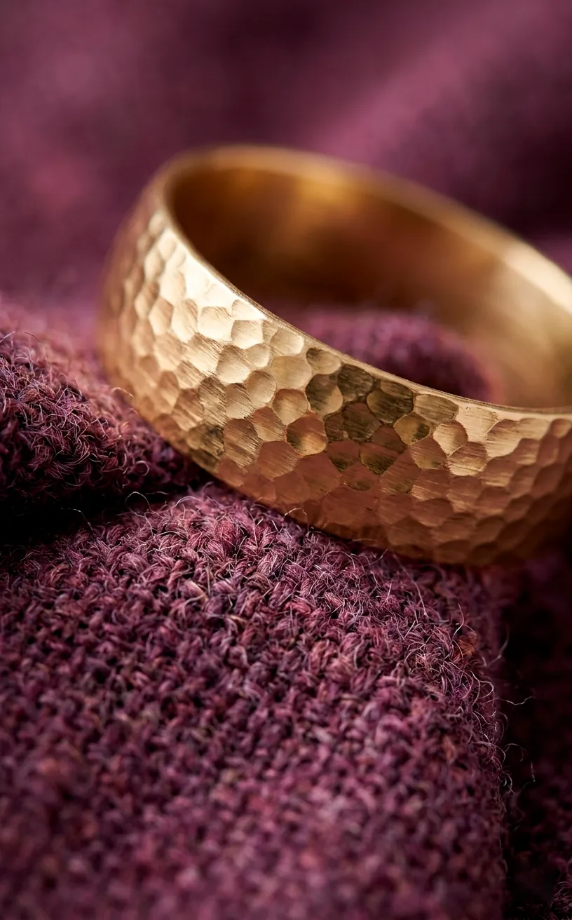 Macro shot of hammered gold metal against plum wool fabric.