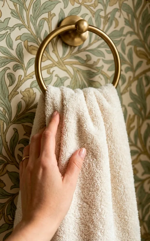 Close-up of high-quality Turkish cotton hand towel on a brass ring.