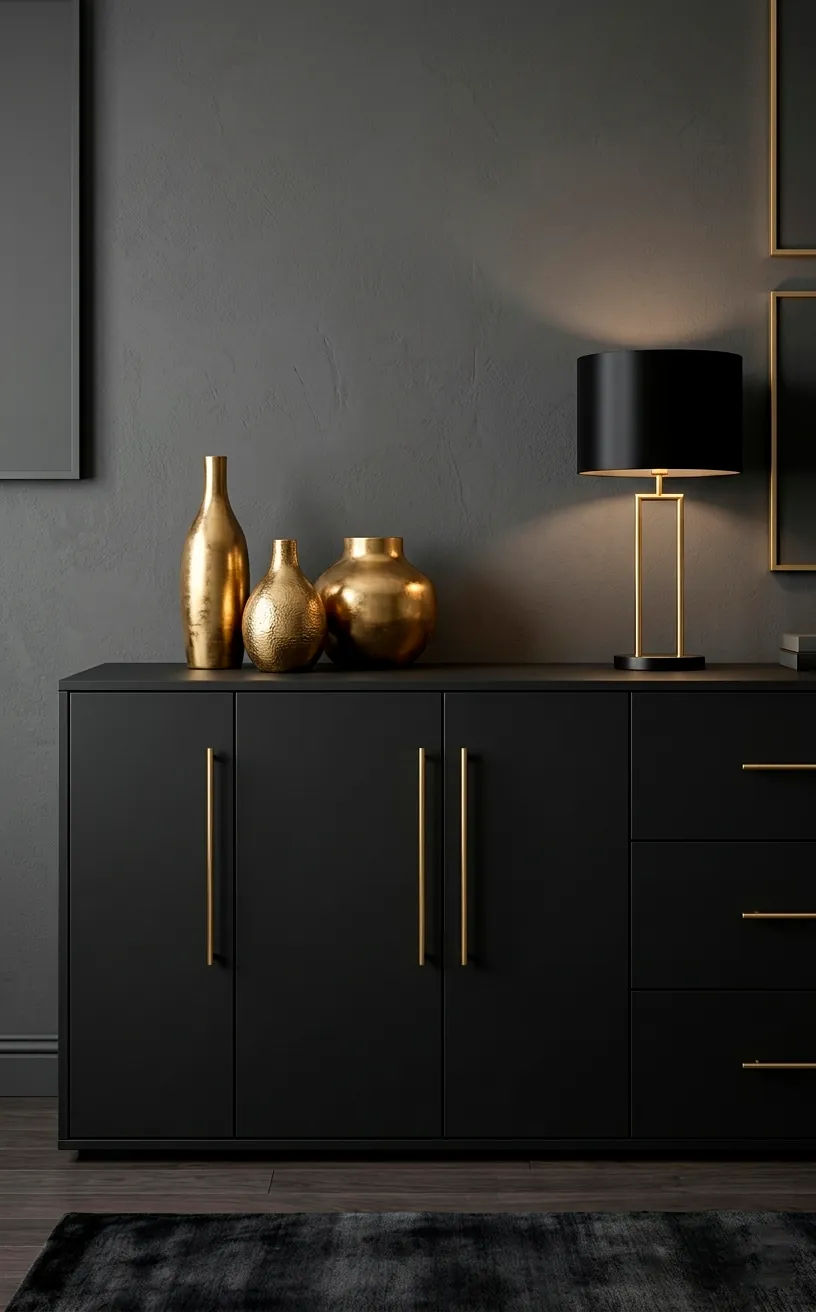 Sleek black sideboard with gold hardware and gold decorative vases on top.