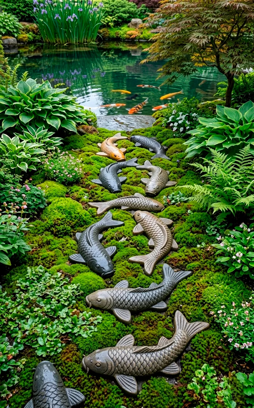 Garden path featuring koi-shaped stone stepping stones leading to a pond.