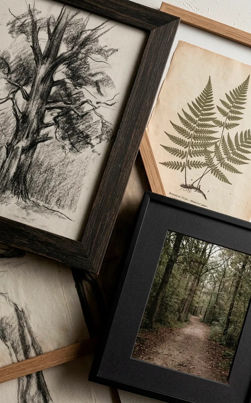Texture detail of botanical and charcoal art prints in an asymmetrical gallery.