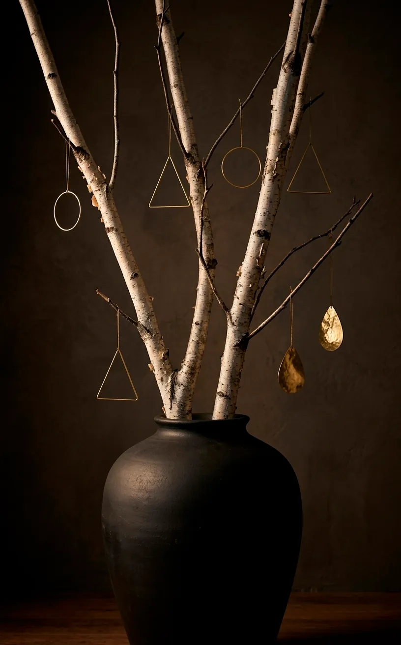 Minimalist birch branch Christmas tree in a black ceramic vase.