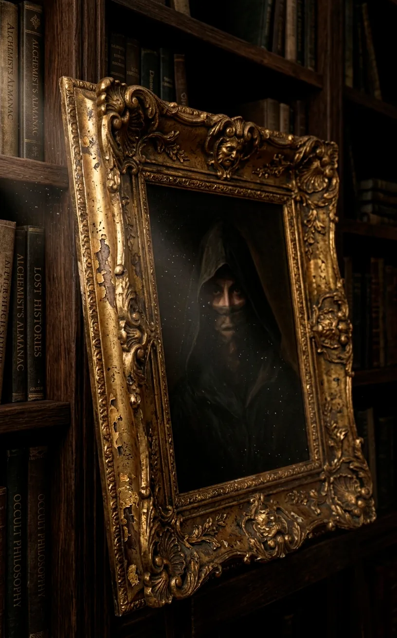 Carved antique gold frame with a dark portrait leaning against a bookshelf.