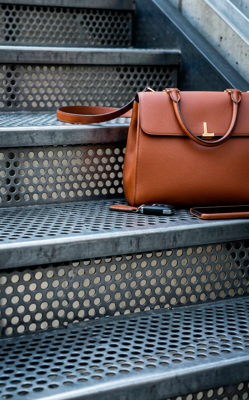 Detail of perforated metal staircase steps showing texture and light filtration in a modern home.
