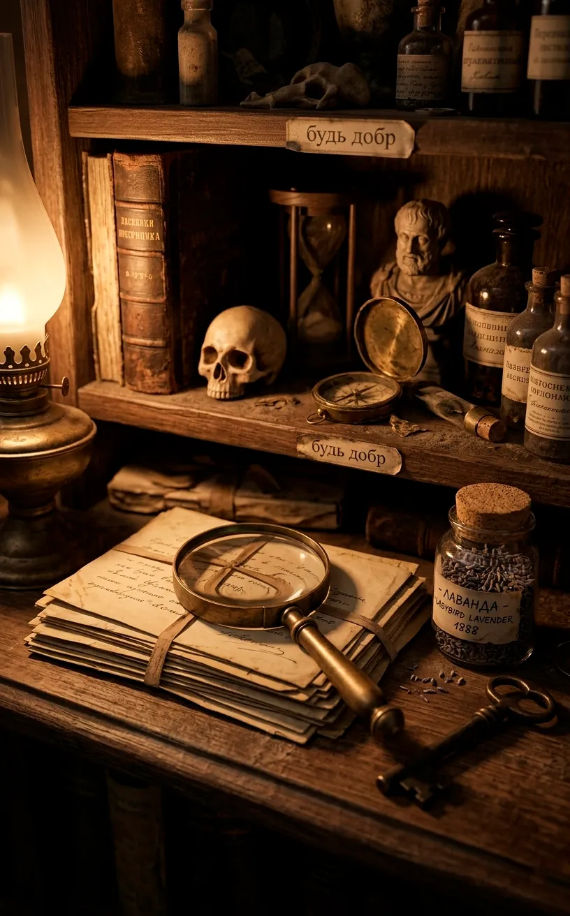Vintage curiosities including a magnifying glass, old letters, and brass keys on a shelf.