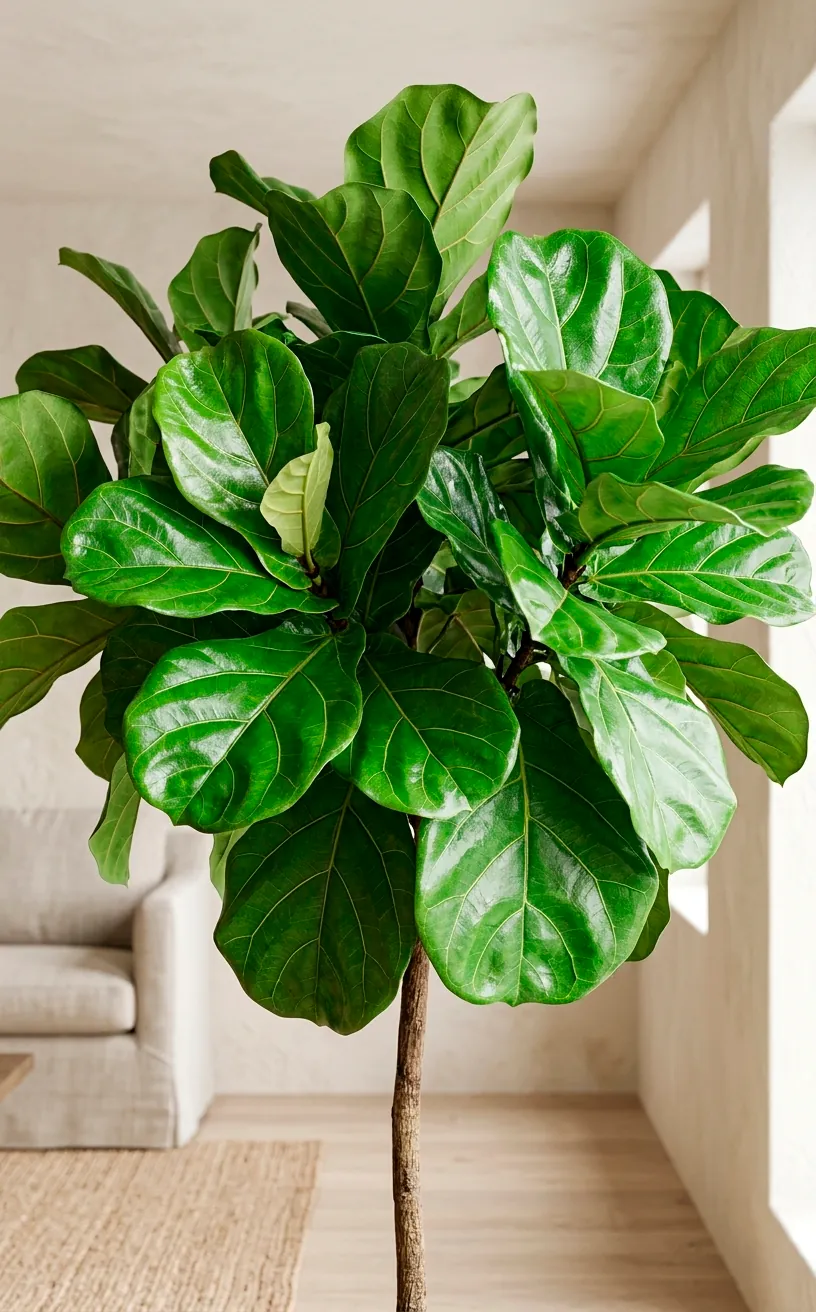 The lush green canopy of a standard Fiddle Leaf Fig tree showing leaf texture and gloss.
