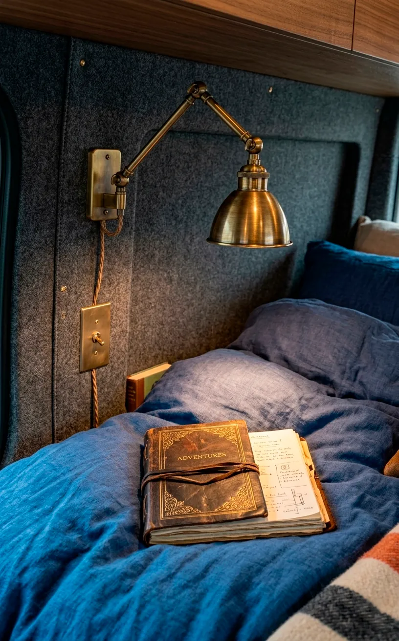 Brass reading lamp on a textured wall panel in a luxury camper van.