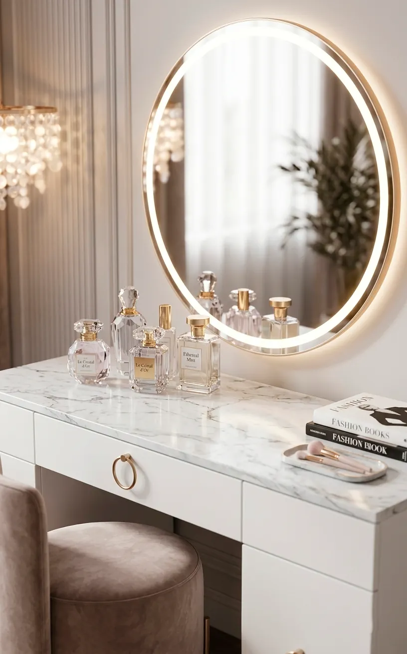 Modern white vanity with a round glowing mirror and elegant decor items.
