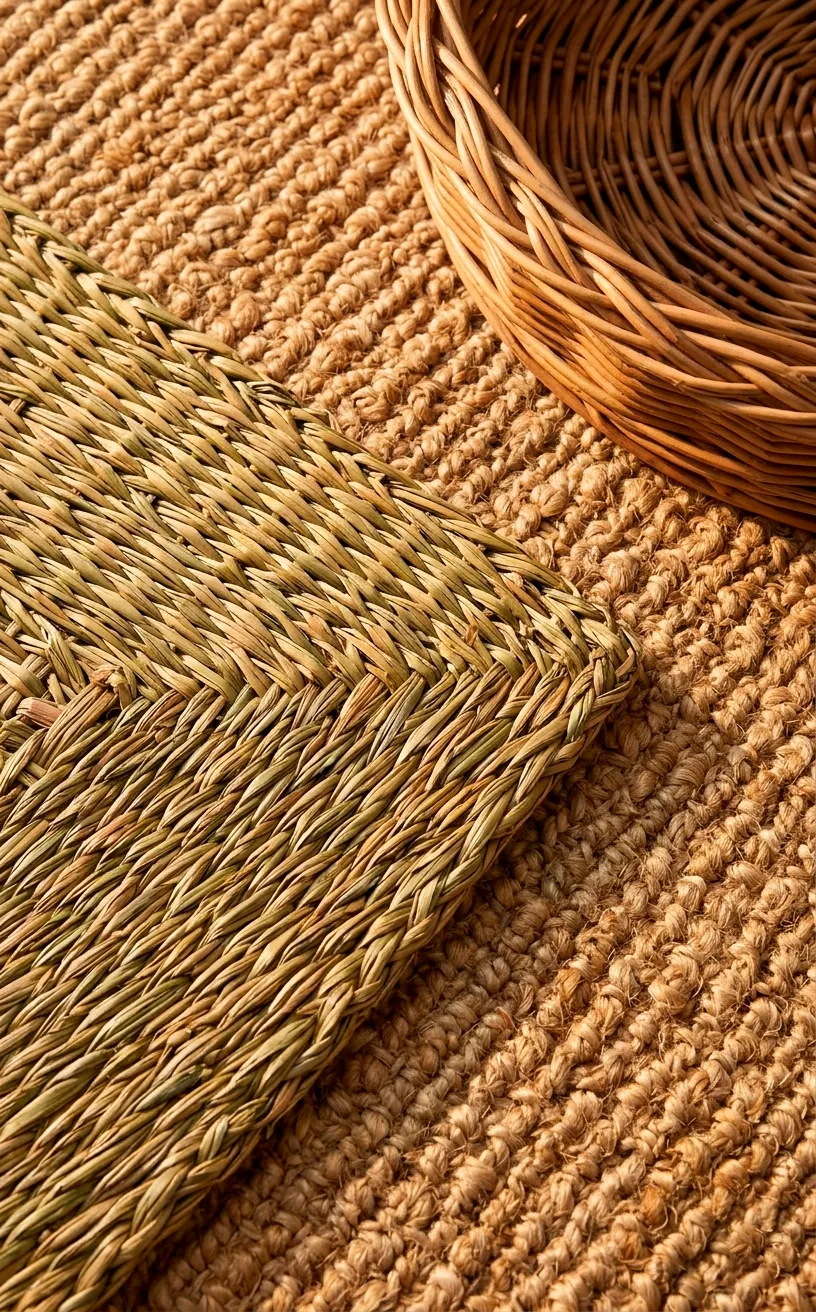 Detailed view of layered natural textures including jute and seagrass.