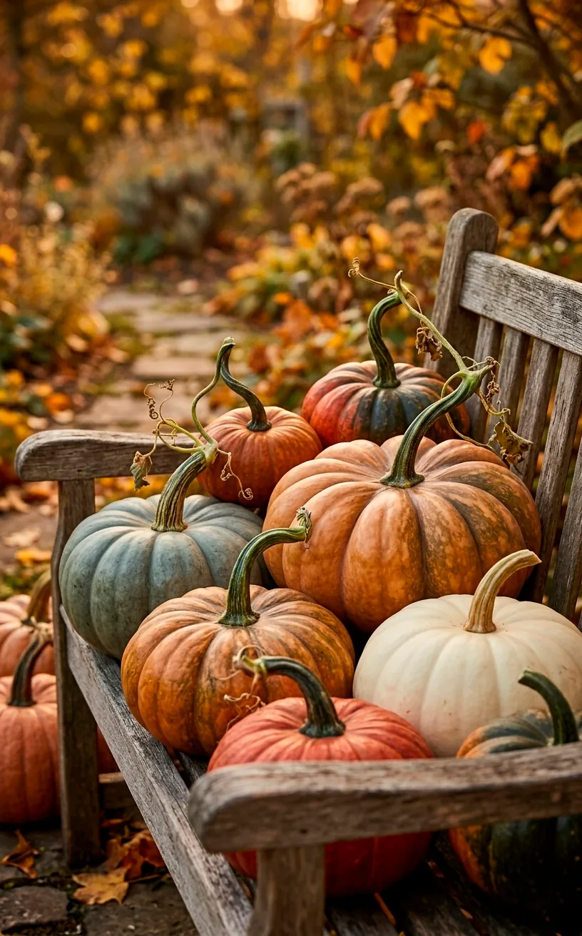 Collection of blue, green, and white heirloom pumpkins arranged on a rustic wooden bench.
