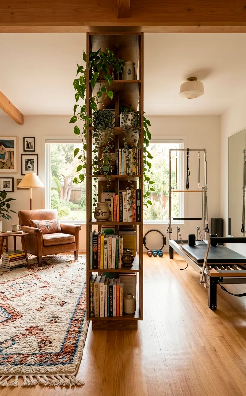 Open shelving divider with plants separating a reading nook from a home pilates gym.