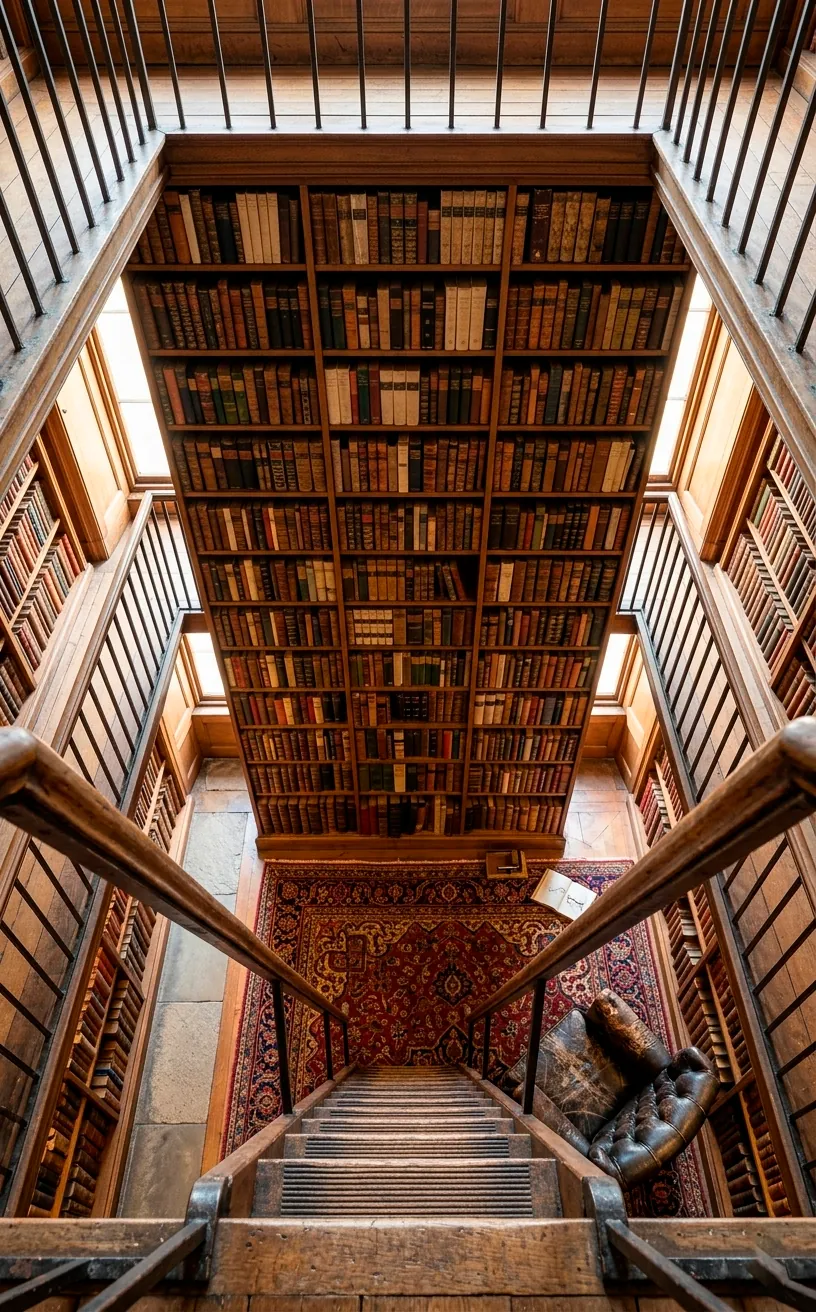 Looking down from a high library ladder onto a cozy reading area.