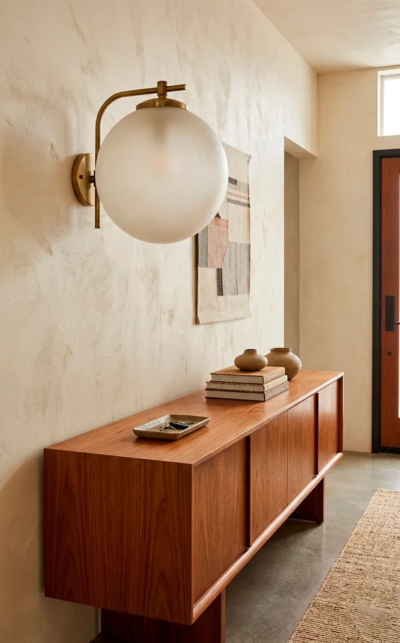 Oversized globe light positioned above a teak console table in a balanced entryway design.