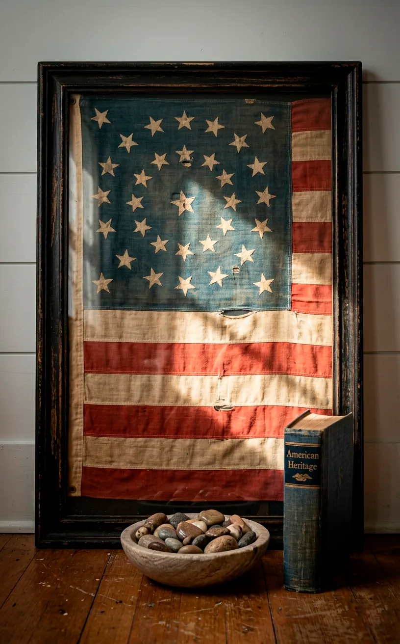 Detail of framed antique cotton flag leaning on a wall.