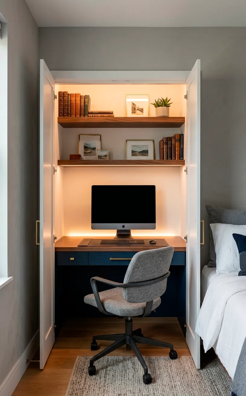 A stylish navy blue closet office with walnut shelves and a modern chair in a guest bedroom.