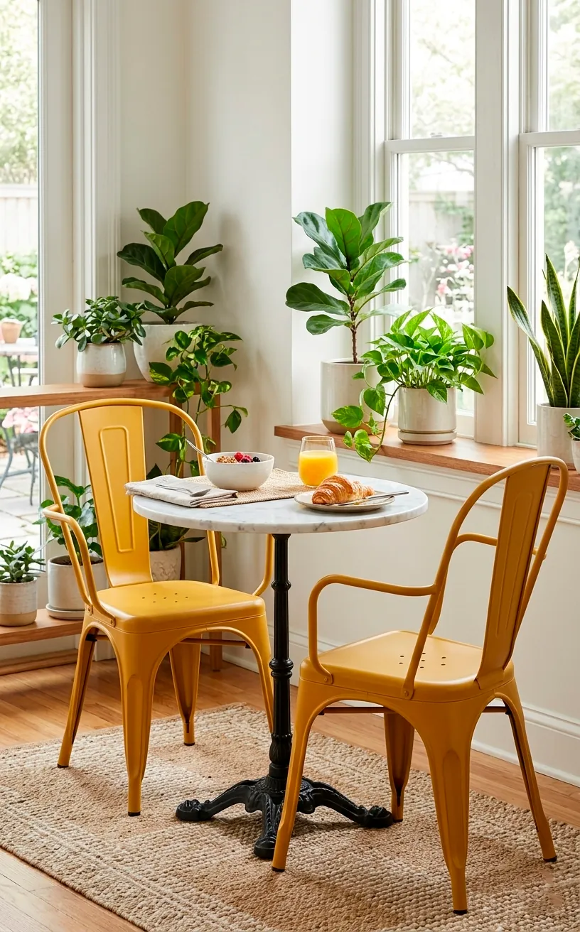 Two mustard yellow metal bistro chairs at a marble table in a breakfast nook.