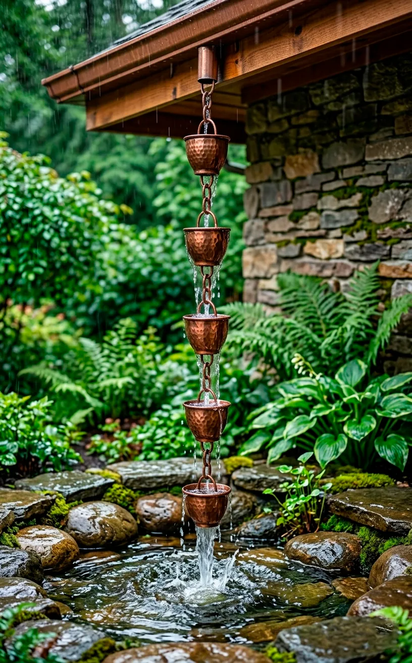 Copper rain chain directing rainwater into a garden pond during a light rain.