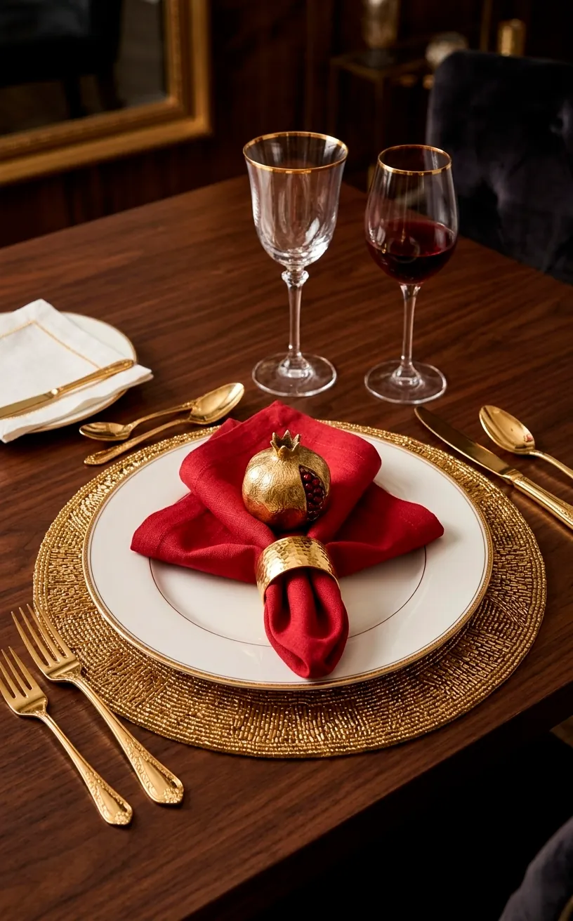 Table setting with gold beaded placemat and red napkin with a gold ring.
