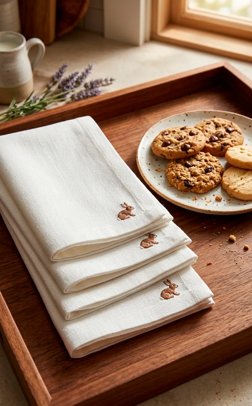 White linen napkins with tiny embroidered bunnies on a wooden tray.