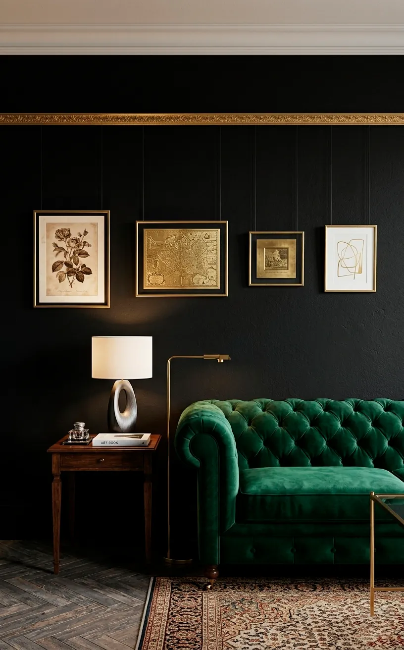 Gold picture rail on a black wall with brass-framed art hanging from black wires.
