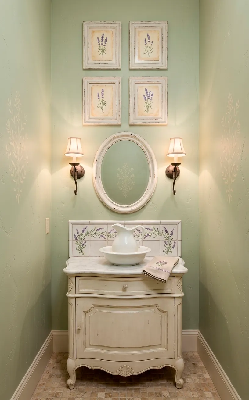 Lavender botanical prints in a French-country green bathroom.