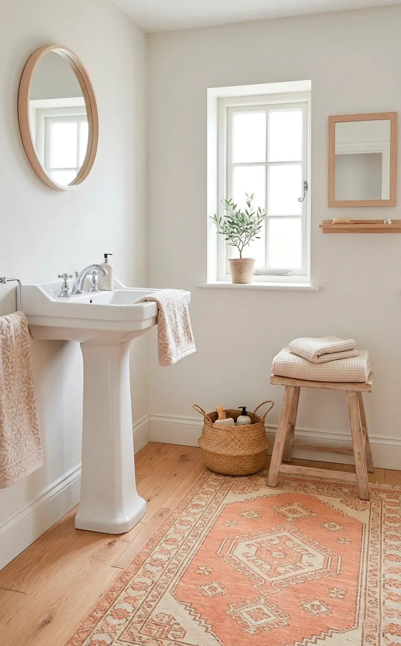Peach-toned kilim rug in a soft, airy bathroom with light wood floors and white towels.