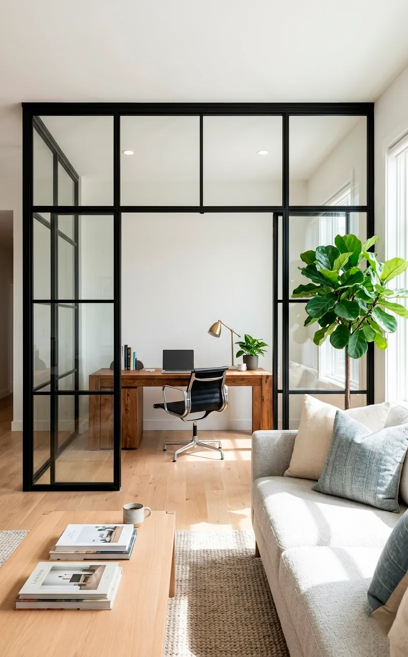 Black steel and glass partition wall separating an office and living room.