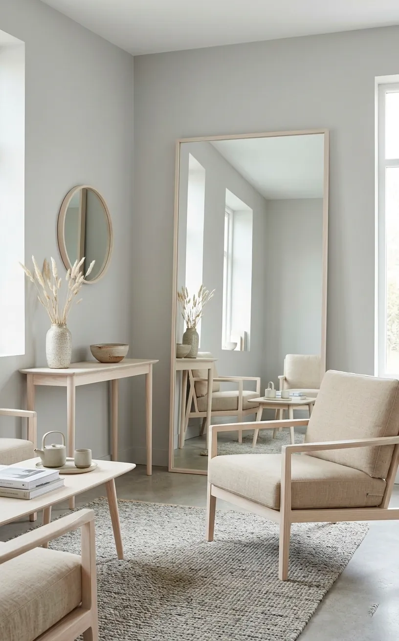 Modern Japandi room with Gray Owl walls and ash wood furniture.