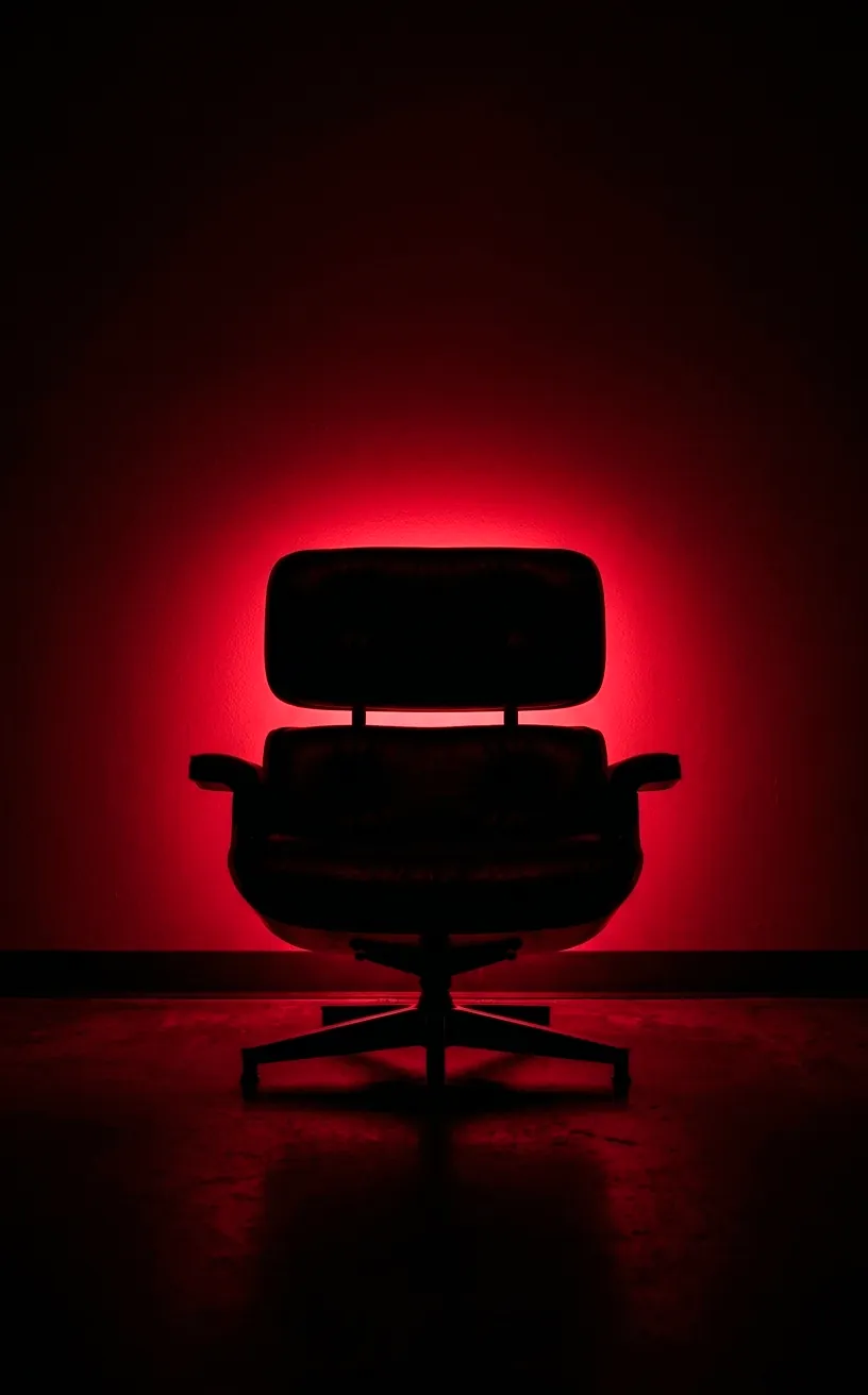 Furniture silhouette created by a hidden red neon sign behind a chair.