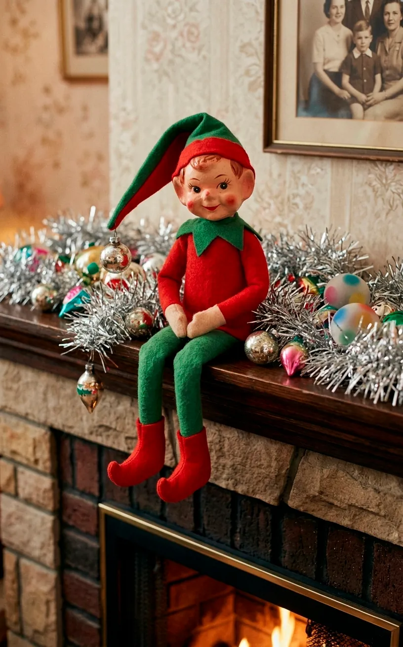 A vintage felt elf figurine sitting on a fireplace mantel with tinsel.