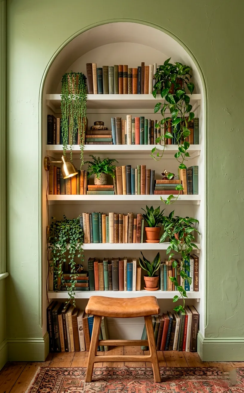 Pistachio green wall alcove with white shelves, books, and trailing indoor plants.