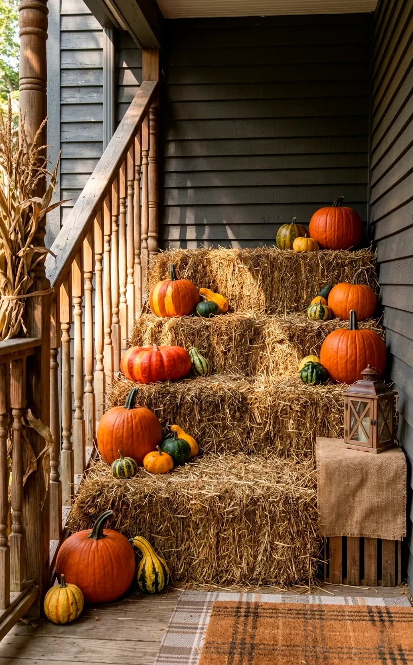 Hay bales used as steps for pumpkins on a fall porch.