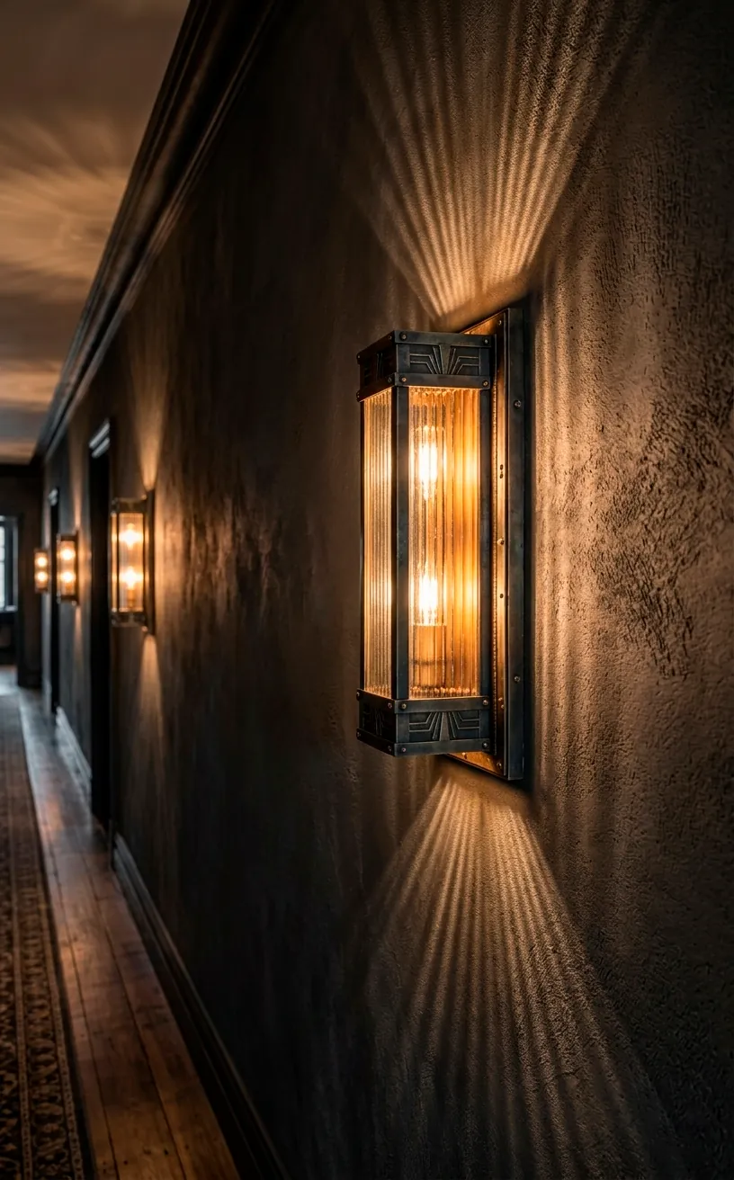 Art Deco inspired industrial wall sconce with fluted glass and metal.