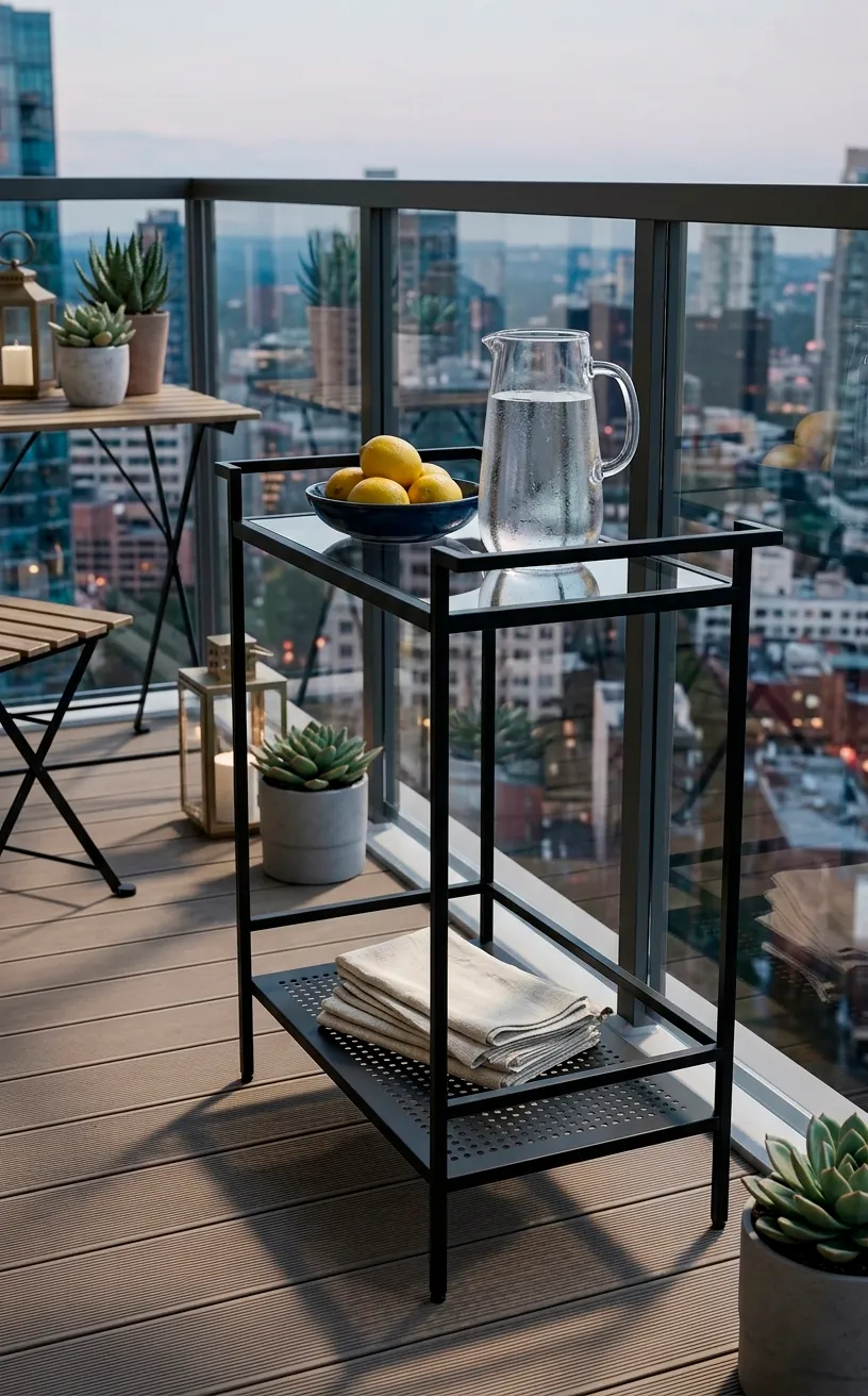 A slim black metal bar cart on a balcony used for extra storage during dinner.