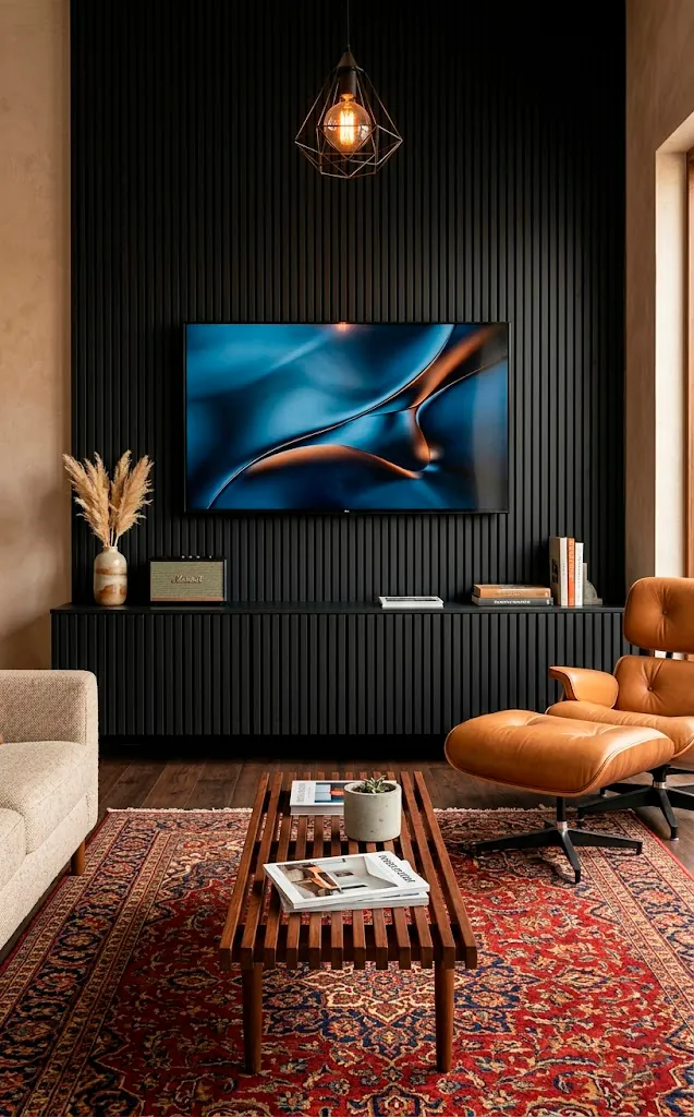 Modern slatted matte black media console in a stylish living room.