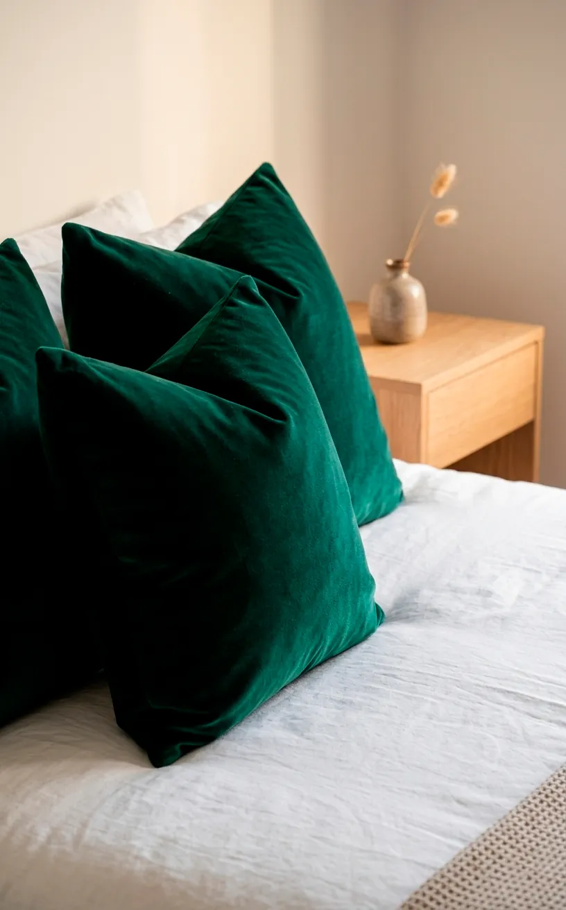 Oversized emerald velvet pillows on a white linen bed in a modern guest room.