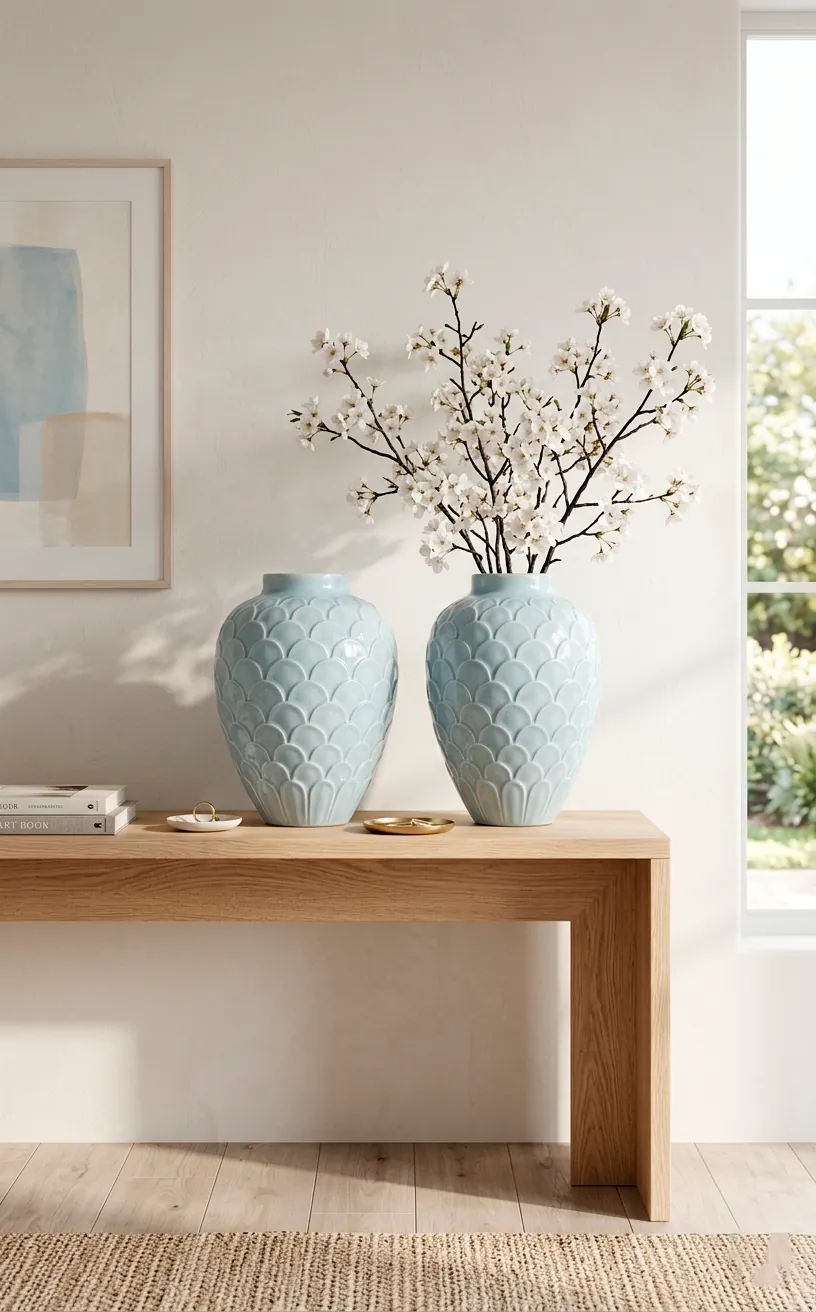 Pastel blue scalloped ceramic vases on a wooden console table with spring blossoms.