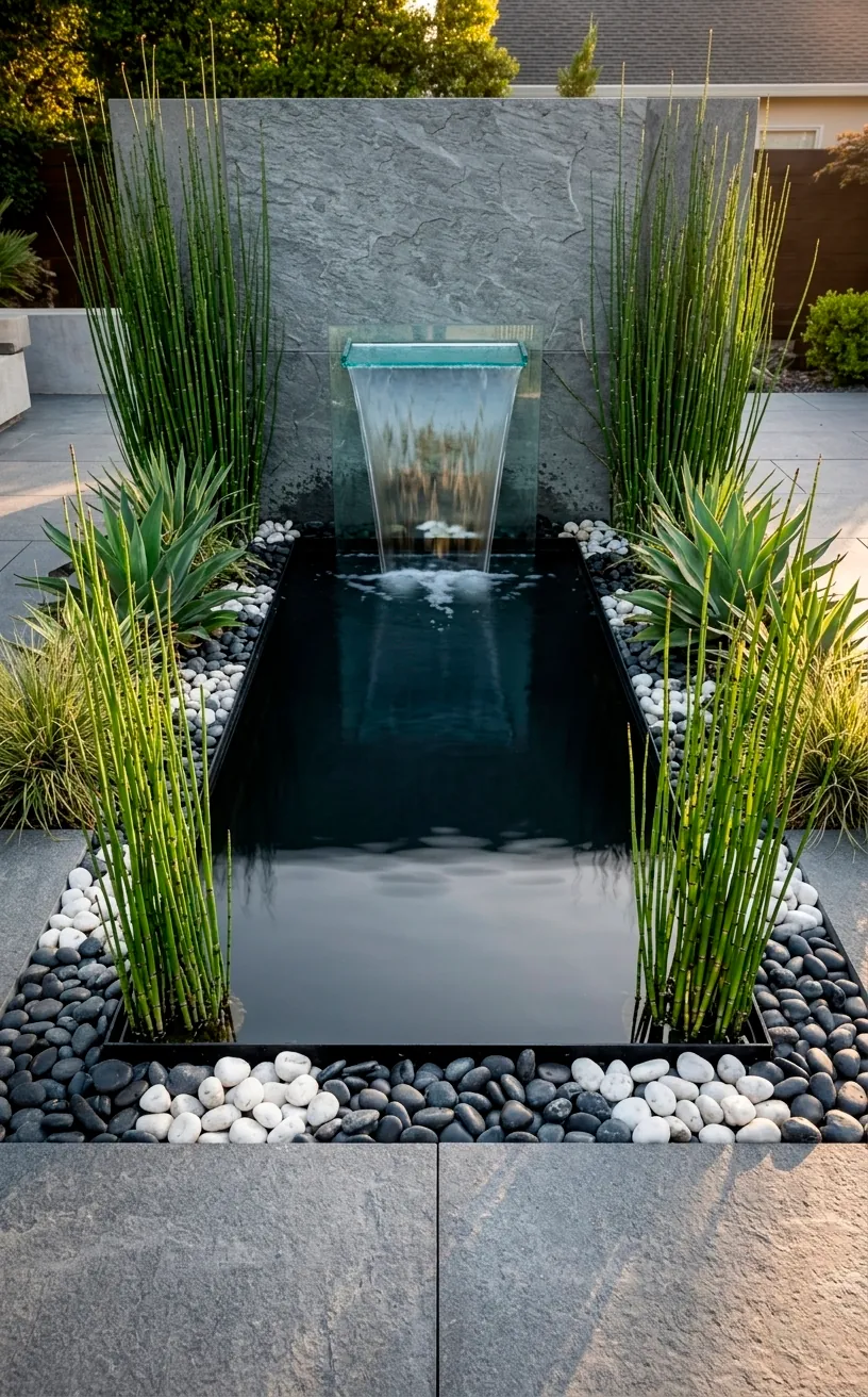 Modern patio pond with a sleek glass spillway waterfall and architectural plants in sunlight.