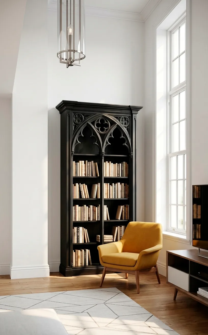 Tall black Victorian Gothic bookshelf in a bright modern living room with a yellow chair.